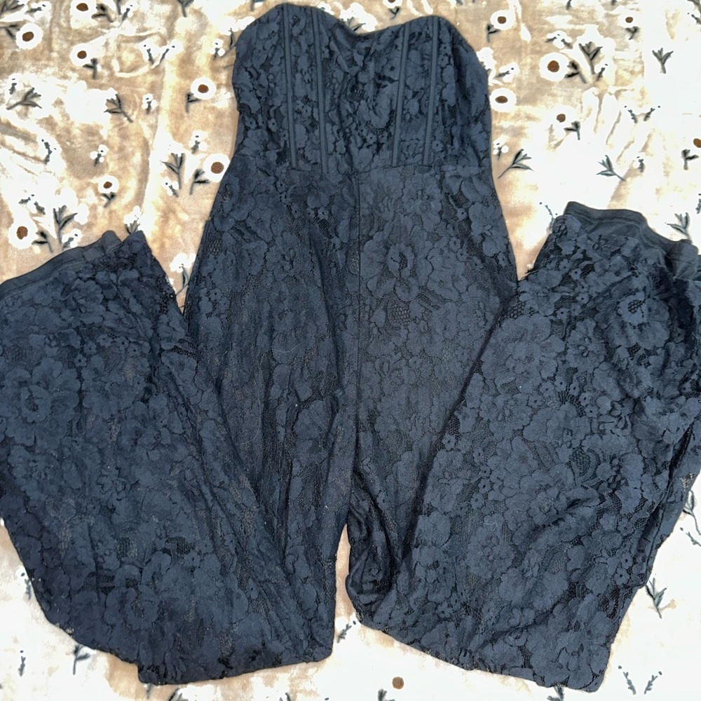 Altar'd State Black Strapless Jumpsuit with Lace Texture